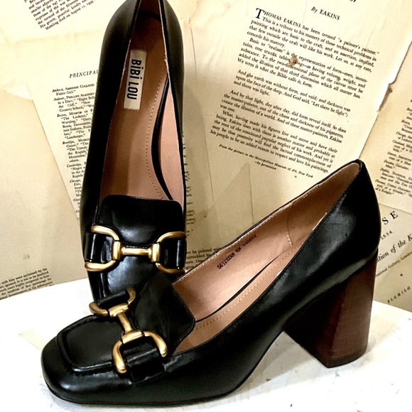 Anthropologie Bibi Lou Zagred Wood Stacked Heel Black Leather - Picture 3 of 11